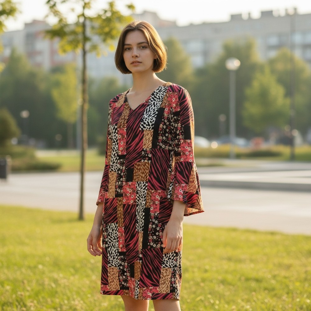 Y2K Mixed Animal Floral Patchwork Bell Sleeve Sheath Dress Size 8 Eclectic Boho